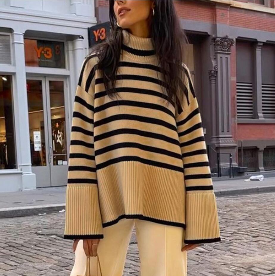 2024 Autumn/Winter New Tot Women's High Neck Knitted Stripe Split Sweater Top