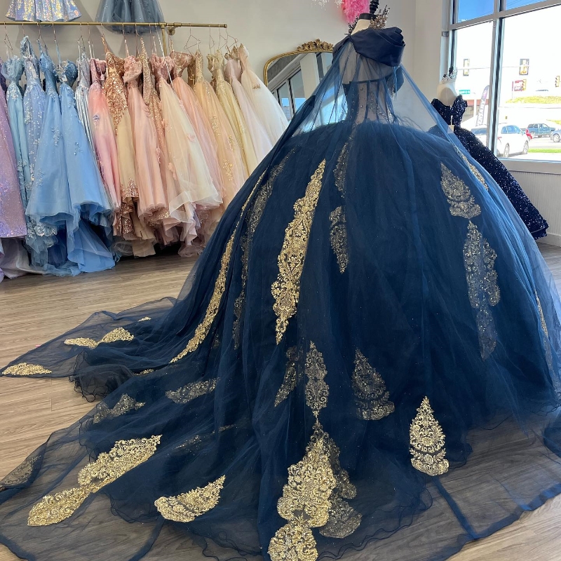 Gorgeous Navy Blue Quinceanera Dresses Gold Applique With Cape Ball Gown Princess Birthday Party Sweet 16 vestidos de 15 Gothic