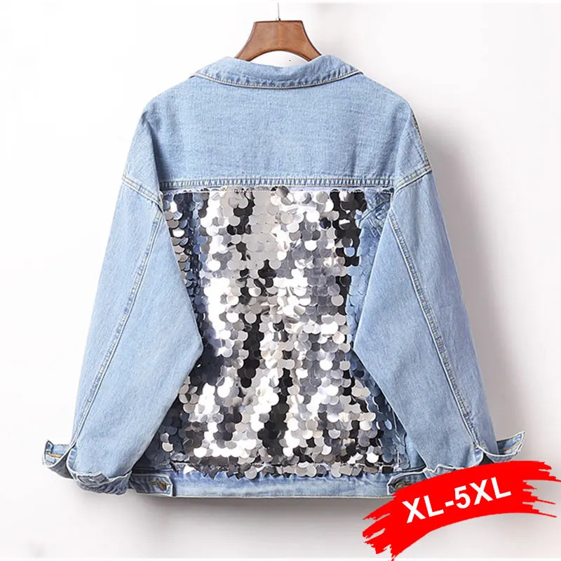 Women's Plus Size Outerwear Coats Plus Size Harajuku Back Sequins Short Denim Jackets 3Xl 4Xl Women Light Blue Three Quarters Sleeve Bomber Jacke