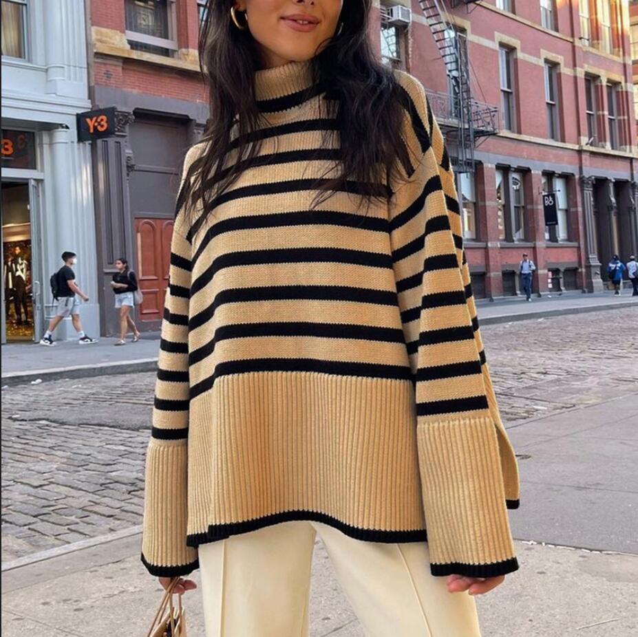 2024 Autumn/Winter New Tot Women's High Neck Knitted Stripe Split Sweater Top