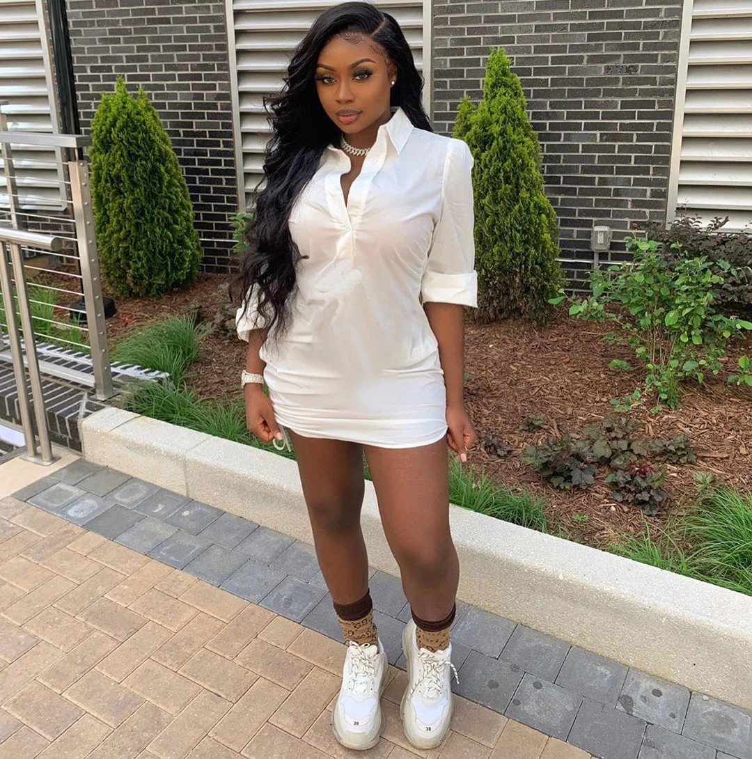 Urban Sexy Dresses Casual Ruched Mini Dres Solid Slim Button Down Shirt Bodycon Evening Club Night Out Party Dresse 231011