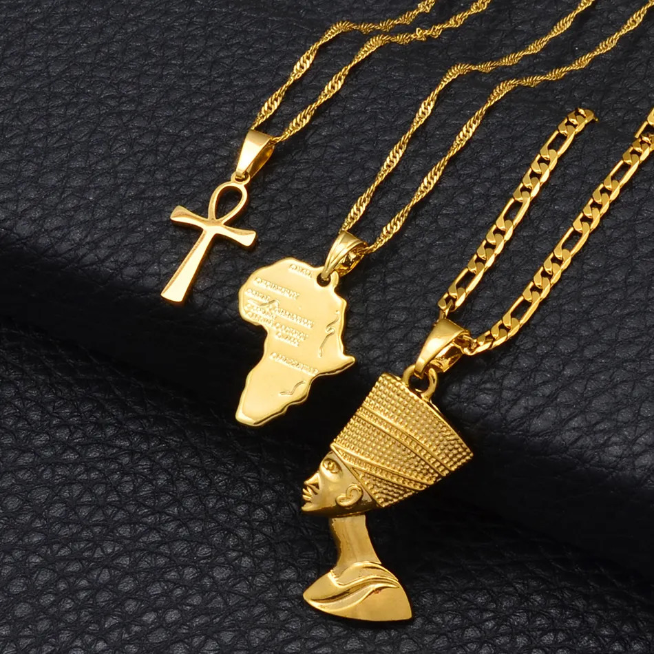 Chokers Anniyo 3pcs Necklaces Together Ankh Nefertiti Africa Map Pendant Gold Silver Color Birthday Party Ethnic Jewelry Women 24 06 231011