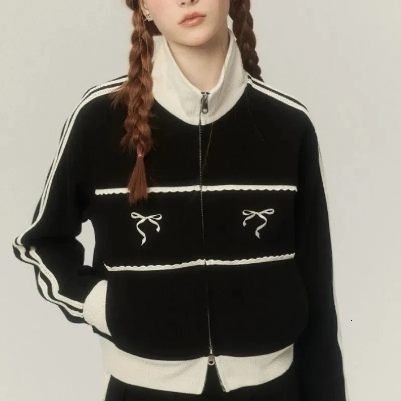 Women's Hoodies Sweatshirts Y2K Women Vintage Korean Fashion Streetwear Zip Up Crop Harajuku Bow Cropped Zipper Jackets Kpop Sweatshirt Clothes 2