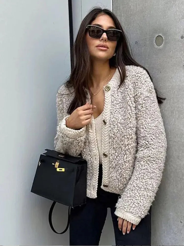 Women's Jackets Elegant Lamb Wool Spliced Coat Casual Oneck Button Long Sleeve Female Jacket 2023 Autumn Winter Office Lady Commute 231011