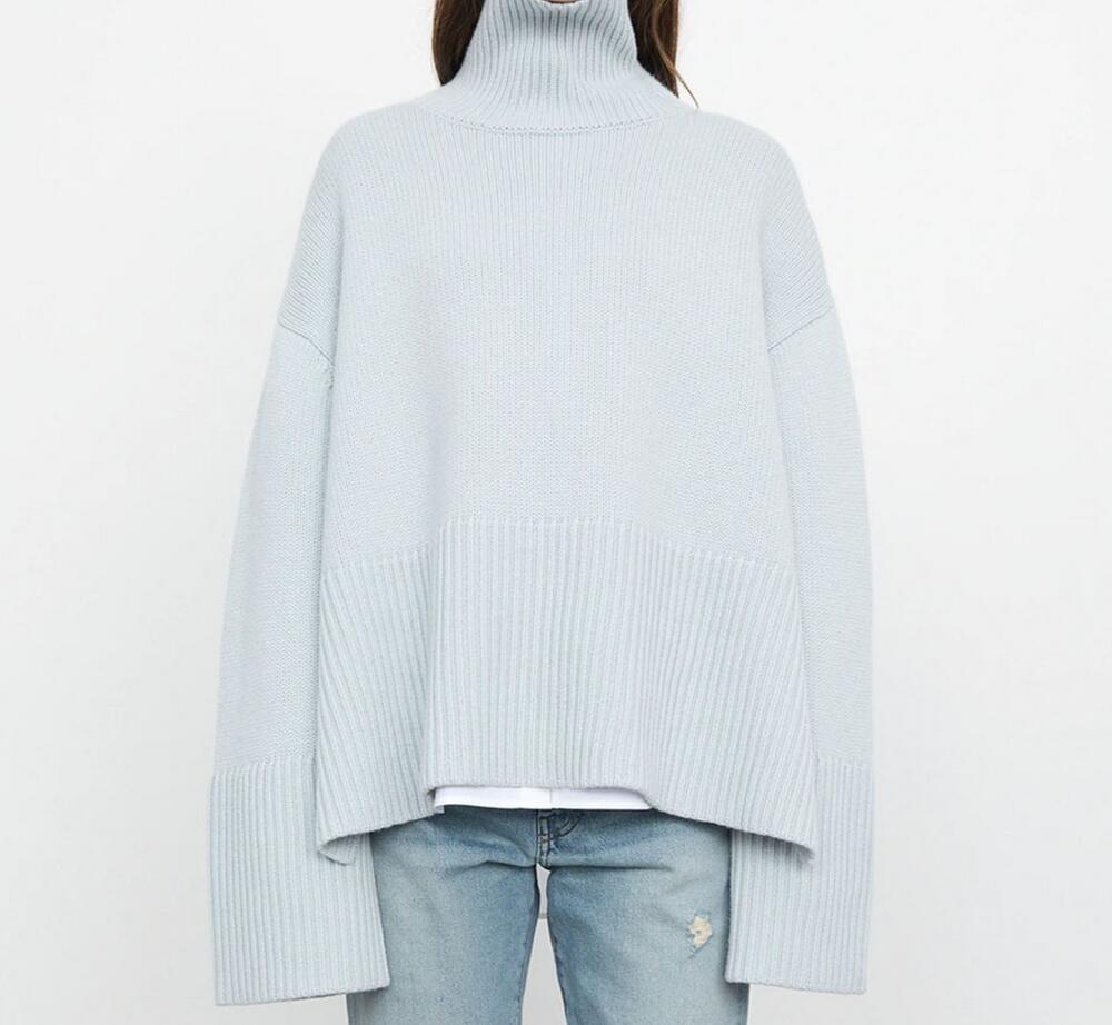 2024 Autumn/Winter New Tot Women's High Neck Knitted Stripe Split Sweater Top