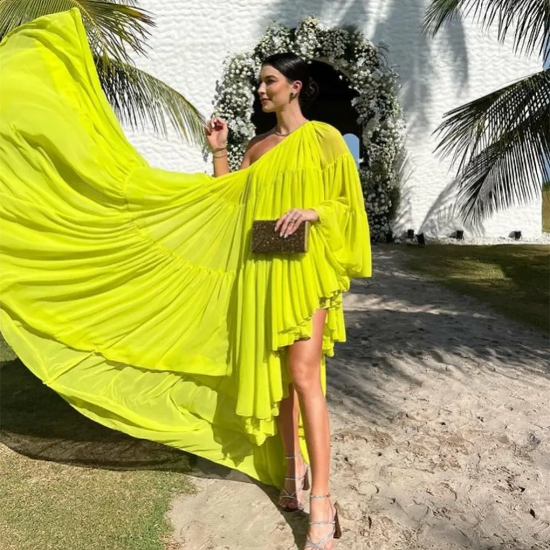 Elegant Long One Shoulder Chiffon Brazilian Evening Dresses Full Sleeves With Slit A-Line Floor Length Prom Formal Dress for Women