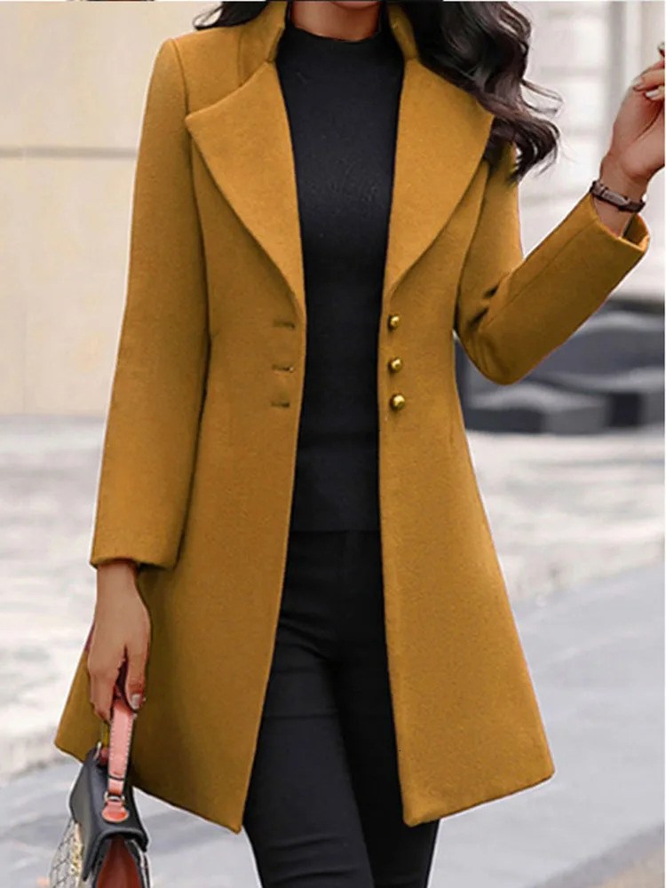 Women's Wool Blends 2023 Autumn Winter Woolen Long Sleeve Solid Coat Women Yellow Black Stand Slim Jacket Cardigan 231011