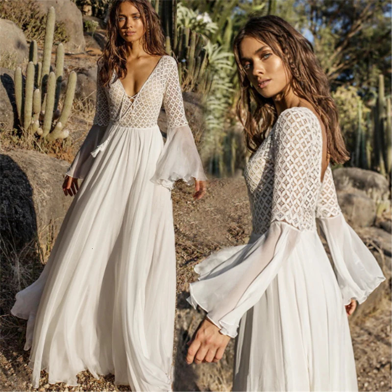 Urban Sexy Dresses Women Long Flare Sleeve V Neck White Hollow Boho Lace Maxi Dress Female Holiday Chic Summer 231011