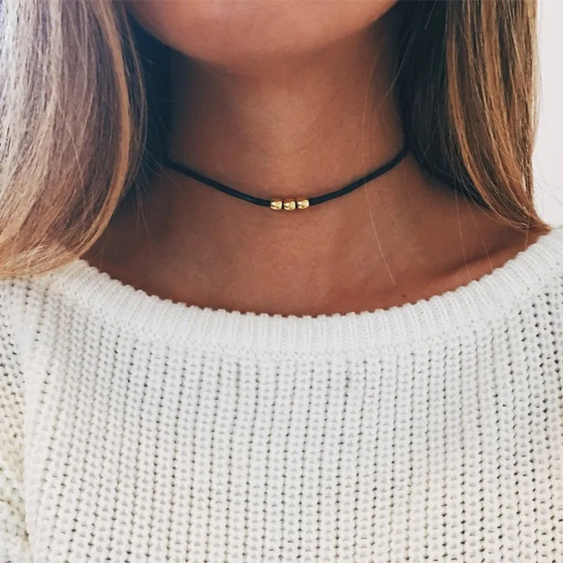 Chokers Gothic Style Black Rope Women s Neck Chain Choker Necklaces Gold Color Beads Goth Jewelry Collar For Girl kpop Chocker 231011