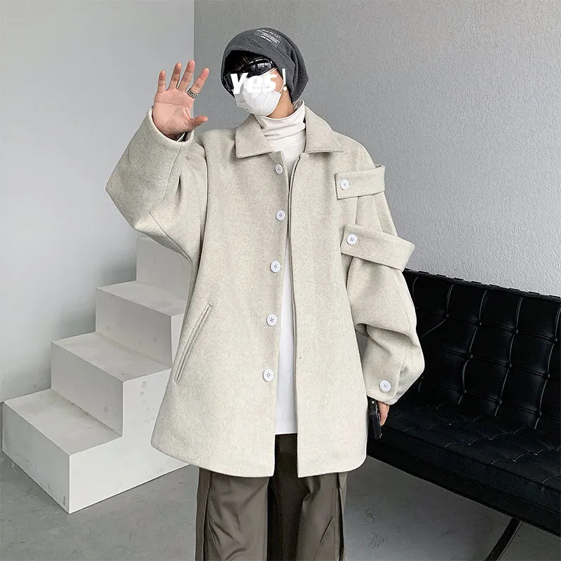 Men's Wool Blends Gmiixder Streetwear Woolen Coat 2023 Autumn Winter Minority Lapel Jacket American Retro Loose Casual Asymmetrical 231011