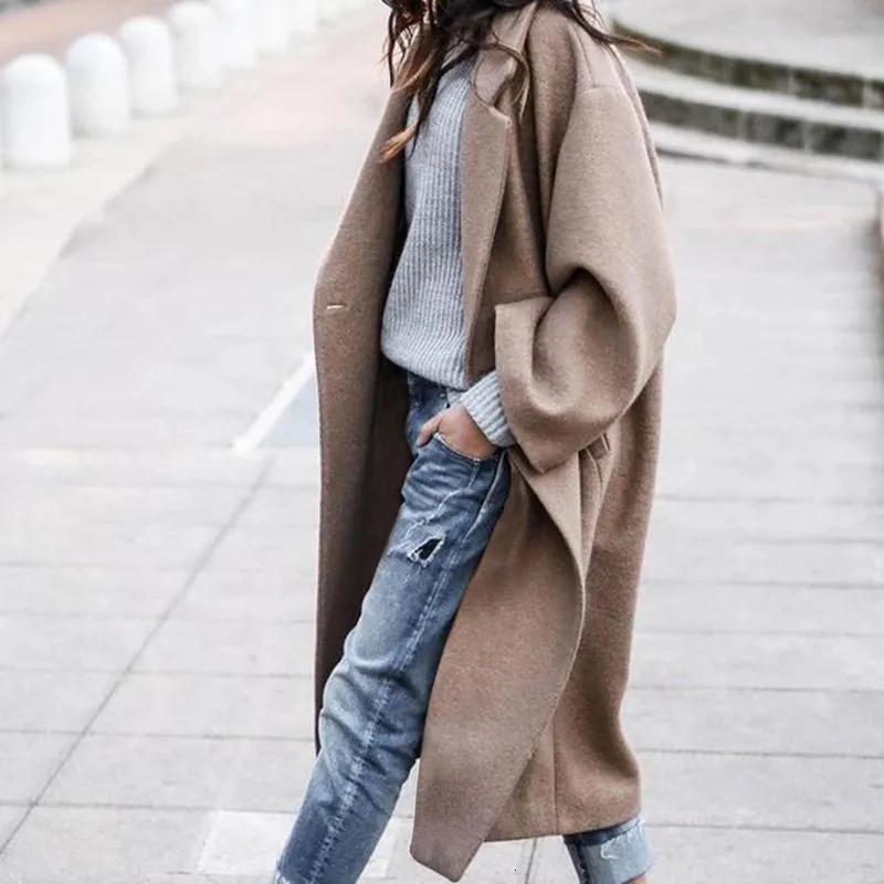 Women's Wool Blends Simple Windbreaker Jacket for Women 2023 Fashion Korean Autumn Winter Thermal Lapel Woolen Trench Coat Large Size Loose Overc
