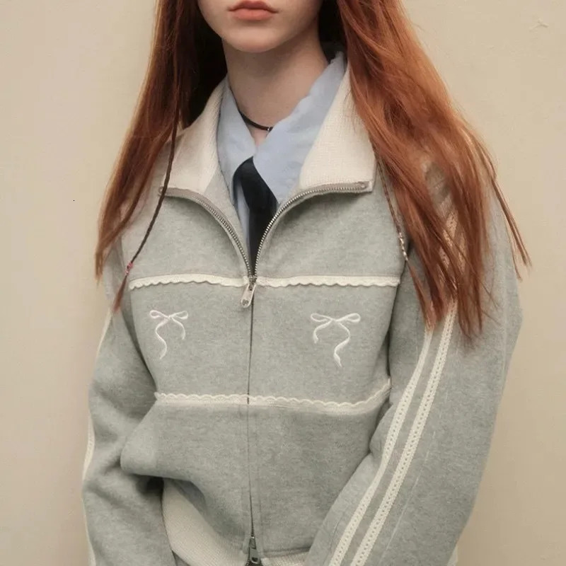 Women's Hoodies Sweatshirts Y2K Women Vintage Korean Fashion Streetwear Zip Up Crop Harajuku Bow Cropped Zipper Jackets Kpop Sweatshirt Clothes 2
