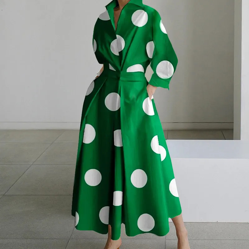 Urban Sexy Dresses Office Lady Elegant Polka Dot Aline Dress Autumn Long Sleeves Lapel Collar Evening Midi For Women 2023 Vestidos 231011