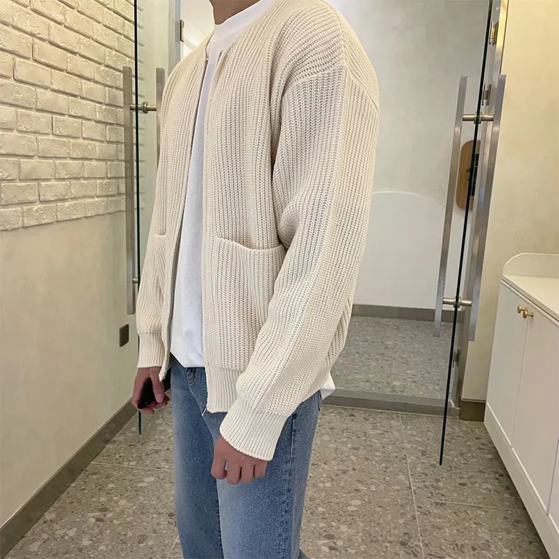 Men's Sweaters Autumn Winter Solid Color Simple Cardigan Coat Hombre Round Neck Zipper Pocket Allmatch Knitted Top Male Outwear Female Clothes 23