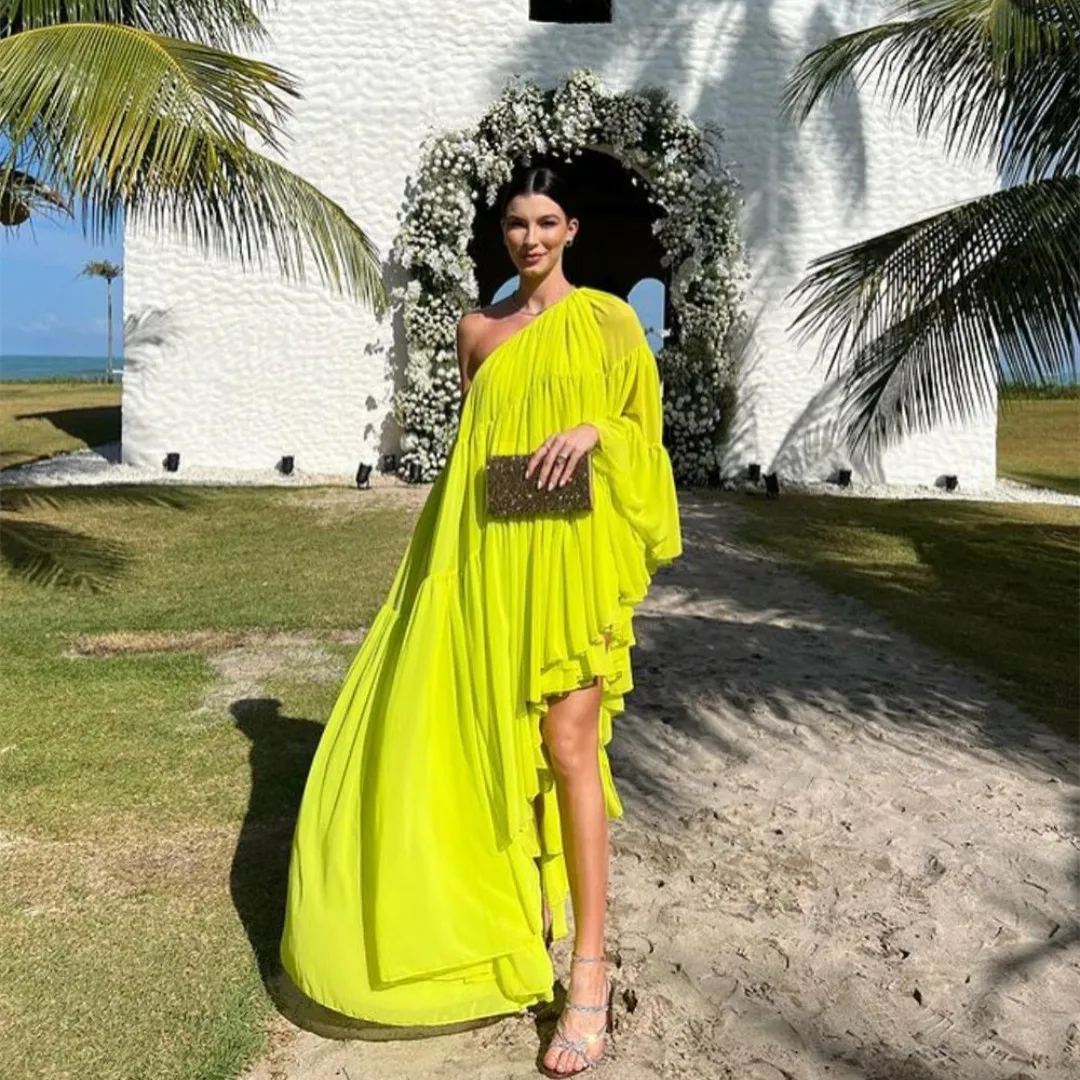 Elegant Long One Shoulder Chiffon Brazilian Evening Dresses Full Sleeves With Slit A-Line Floor Length Prom Formal Dress for Women
