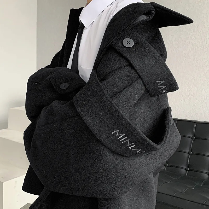 Men's Wool Blends Gmiixder Streetwear Woolen Coat 2023 Autumn Winter Minority Lapel Jacket American Retro Loose Casual Asymmetrical 231011