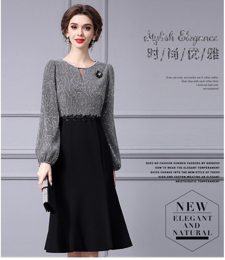 0C401N27 Autumn Women's Dress Light Luxury Mature Women's Style Sequin Patchwork Fake Two-piece Skirt Mid Length Customization