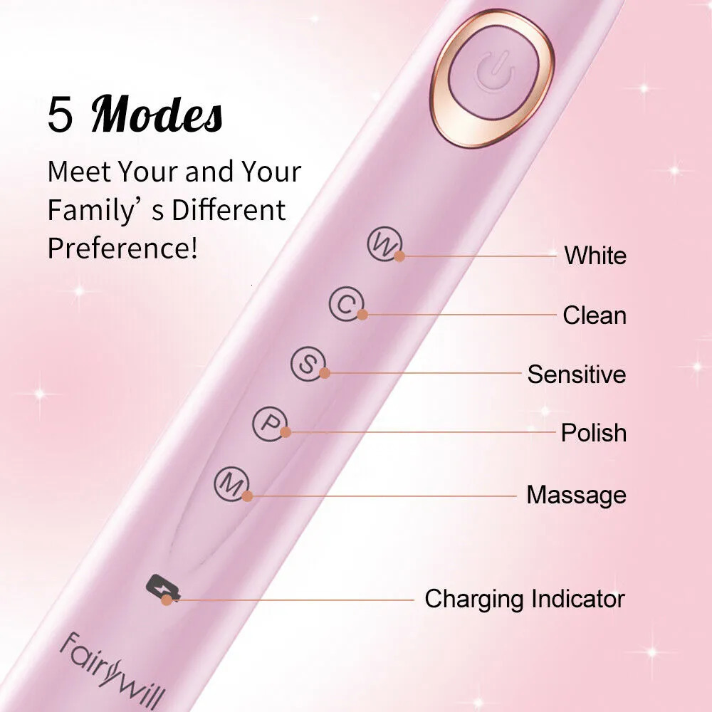 Toothbrush Fairywill FW-508 Sonic Electric Toothbrush Rechargeable Timer Brush 5 Modes Fast Charge Tooth Brush 8 Brush Heads for Adults 231012