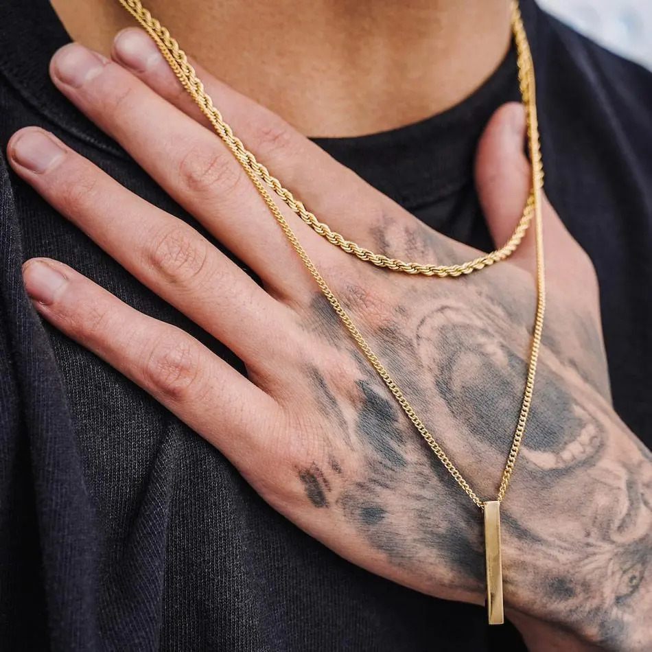 Chokers Vnox 3D Vertical Bar Necklaces for Men Layering Stainless Steel Geometric Pendant Layered Wheat Rope Cuban Chain Boy Collar 231012