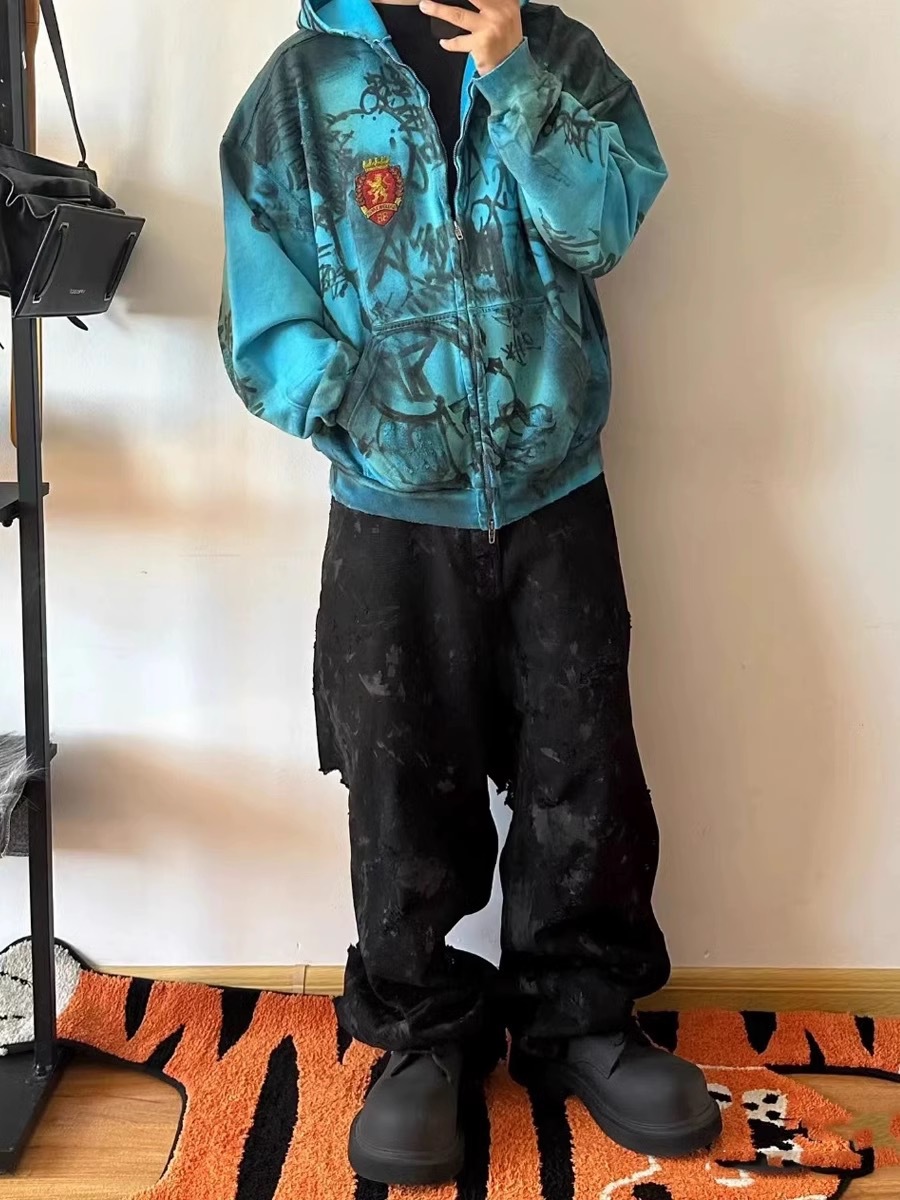 Original bale Washed Loose Dyed Torn Dirty Jeans Graffiti Torn Holes Jeans Distressed High Street Casual Jeans Loose Men Hiphop Jeans