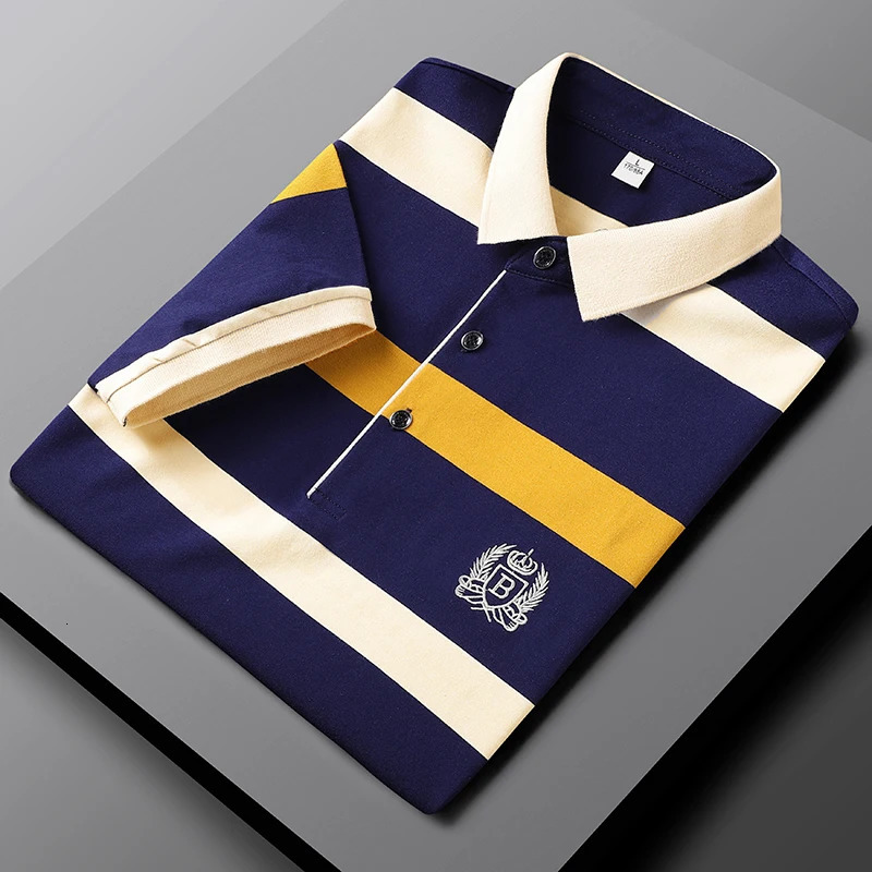 Men's Polos Summer Short Sleeve Polo Shirts Men TShirt 2023 Cotton Striped Embroidered Business Casual Men''s Clothing Male Tees 231011