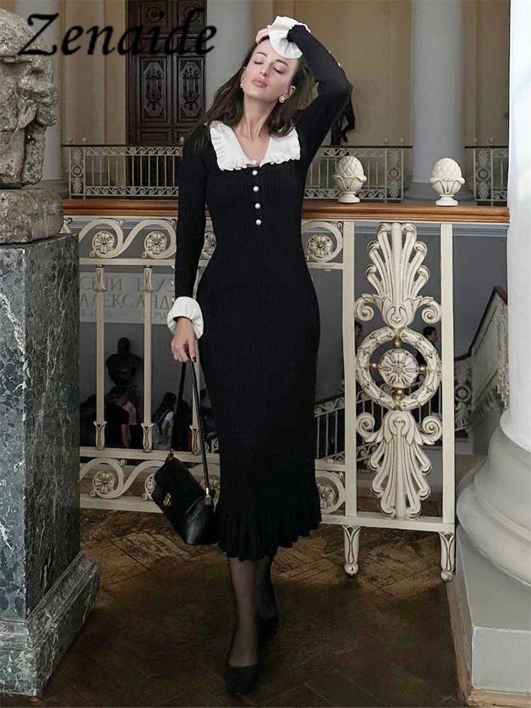 Urban Sexy Dresses Zenaide Fall Ruffles Patchwork Knit Midi Dress for Women Elegant Ribbed Long Sleeve Party Gown Knitwear Fashion Vintage 231011