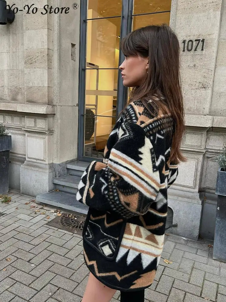 Women's Jackets Fashion Printed Loose Panelled Woolen Coat Women Long Sleeve Singel Breasted Pocket Lady Coats Geometric Retro Female Cardigan 23