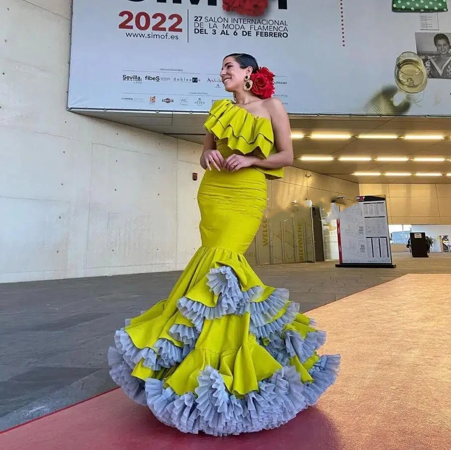 Yellow Satin One Shoulder Mermaid Flamenco Prom Dresses 2024 Ruffles Tiered Skirt Dancing Spain Trumpet Evening Occasion Gown