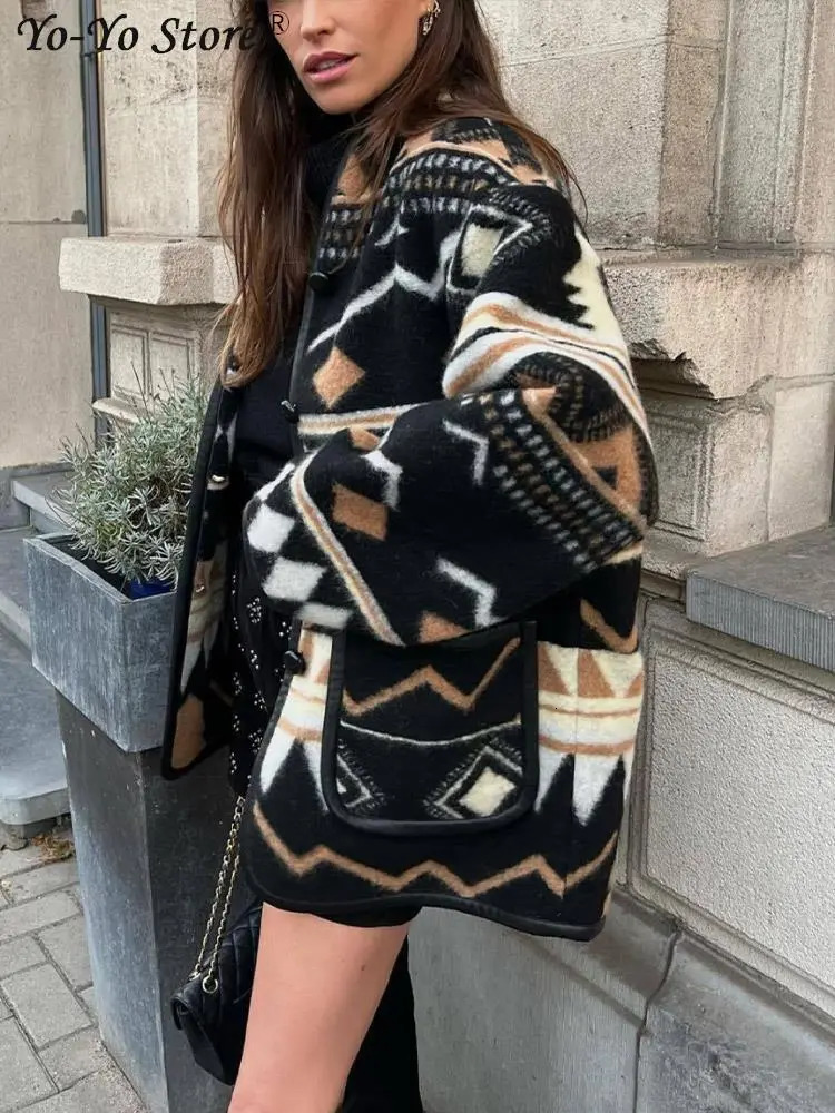 Women's Jackets Fashion Printed Loose Panelled Woolen Coat Women Long Sleeve Singel Breasted Pocket Lady Coats Geometric Retro Female Cardigan 23