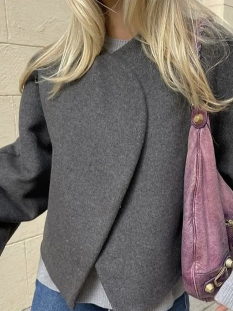 Women's Wool Blend's Fashion Solid Thicken Cropped Jacket Top Long Sleeve Warm Autumn Winter Cardigan Female Casual Loose Woolen Streetwear 