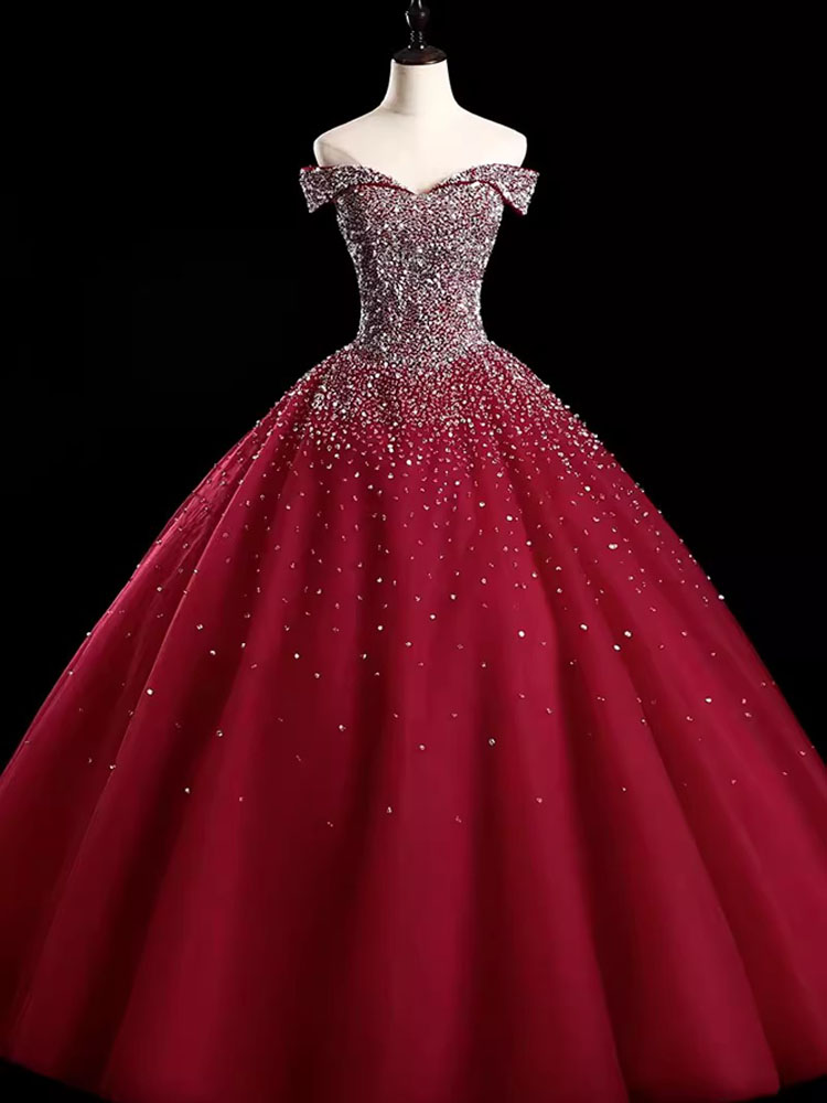 Dark Red Evening Dress Ball Gown Prom Gowns Off Shoulder Sleeveless Shining Sequins Floor Length Runway Party Dresses Real Pictures