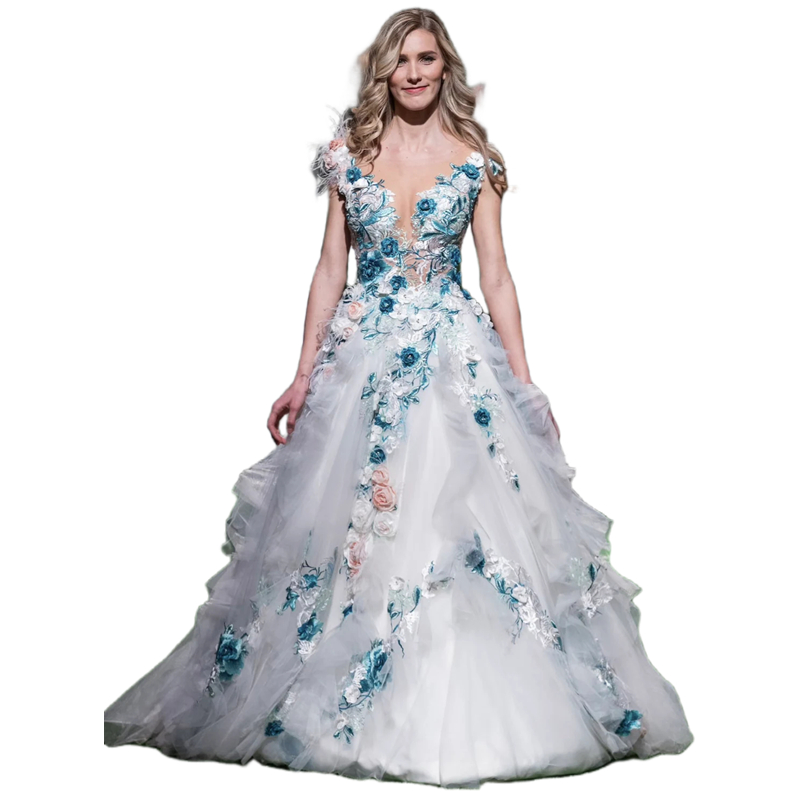 Princess 3D Floral Appliques Wedding Dress 2024 Light Blue Lace Sheer Neck A Line Long Tulle Bridal Gowns Romantic Chic Bride Dresses Custom Made