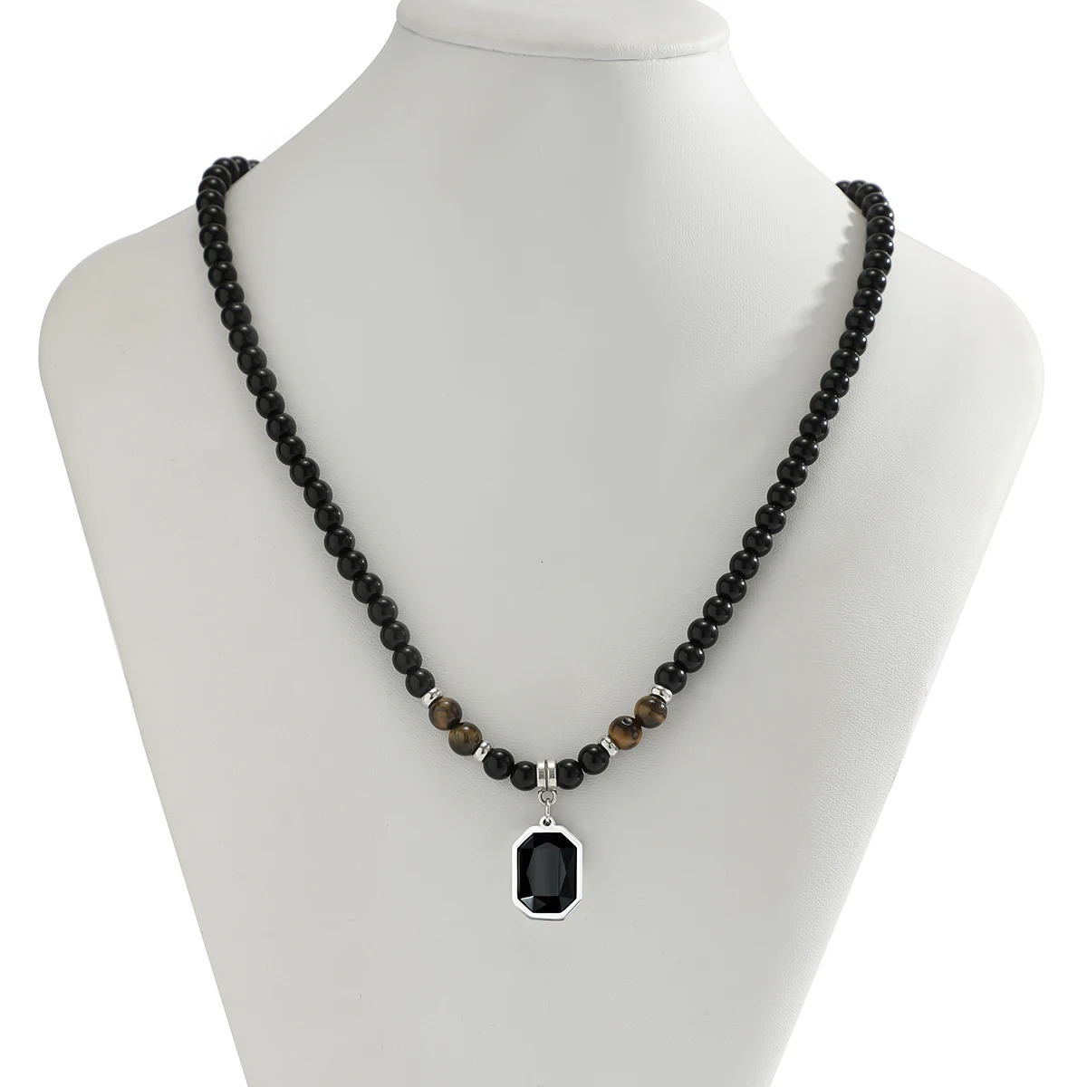 Chokers PuRui Hip Hop Stainless Steel Geometric Pendant Necklace for Men Black Acrylic Natural Stone Beads Choker Boy Neck Chain Jewelry 231012