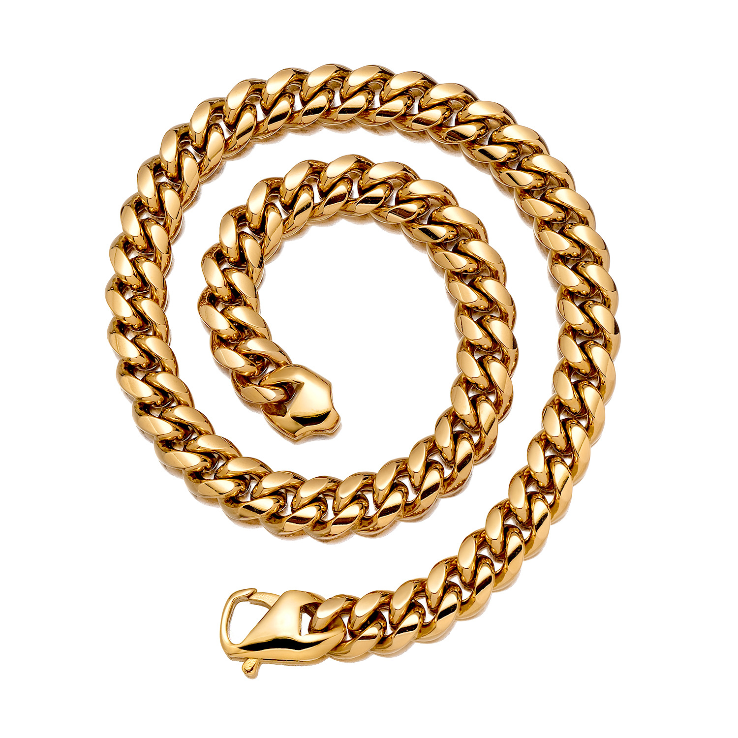 10mm-14mm Hip Hop Solid Stainless Steel Miami Cuban Chain Necklace Real Gold Plated Mens Jewelry