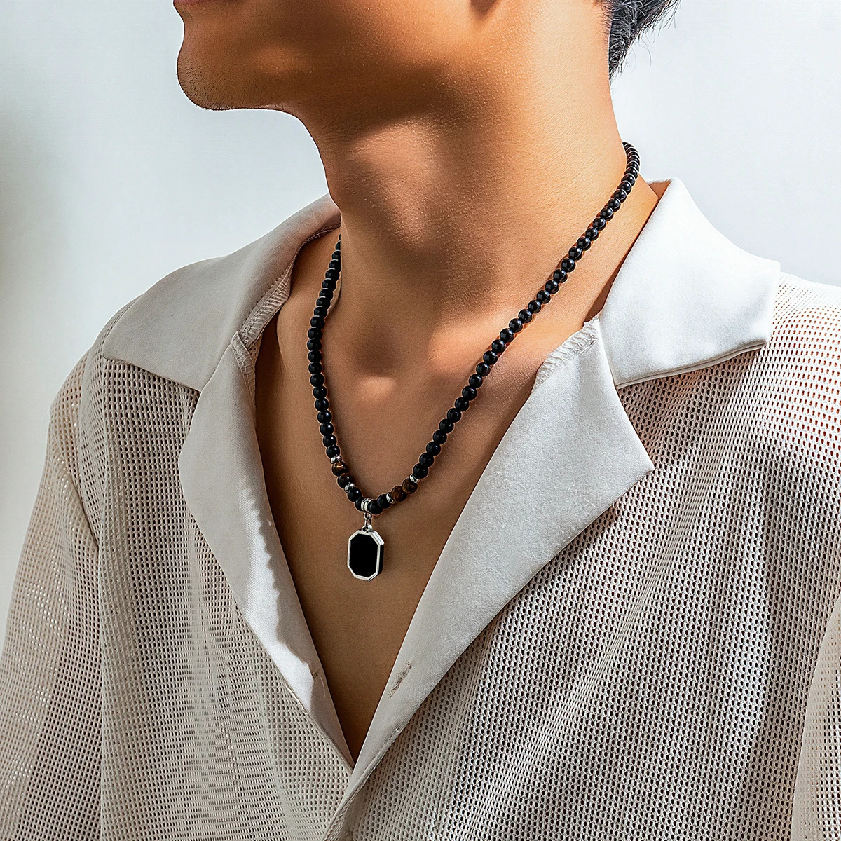 Chokers PuRui Hip Hop Stainless Steel Geometric Pendant Necklace for Men Black Acrylic Natural Stone Beads Choker Boy Neck Chain Jewelry 231012