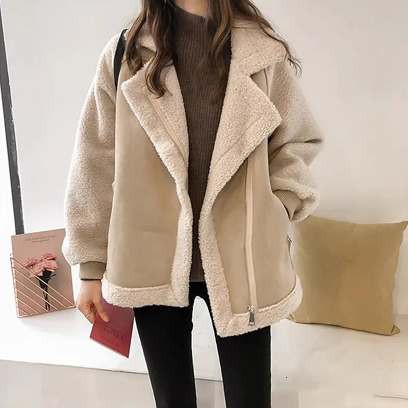 Women's Jackets WAYOFLOVE Winter Sheep Wool Coat Women Thick Warm Long Sleeve Zipper Pocket Jacket Fashion Leather Motorcycle Coats 231011