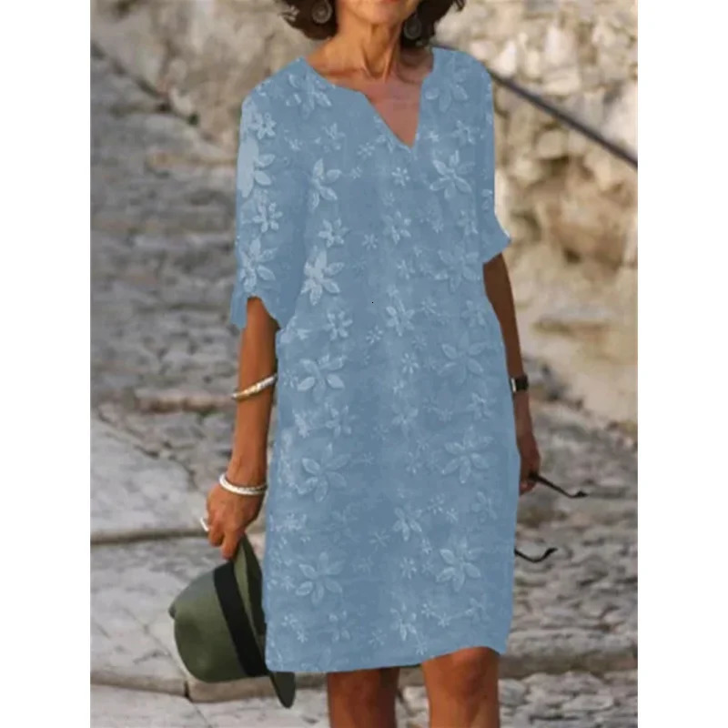 Urban Sexy Dresses Fashion Printing Loose Temperament Womens VNeck Mid Sleeve ALine Skirt Summer 2023 Vintage Oversized Dress S5XL 231011