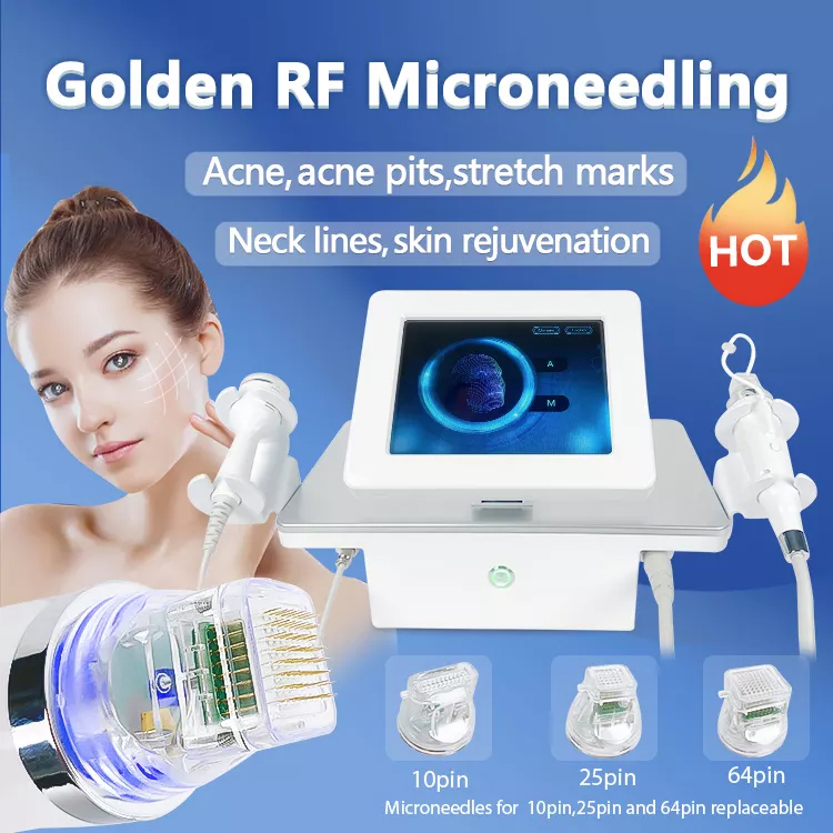 Effective Anti-aging2 In 1 Golden Microneedle Machine with Cold Hammer Redness Reduce 10/25/64 Pins Wrinkle Removal Acne Treatment Device