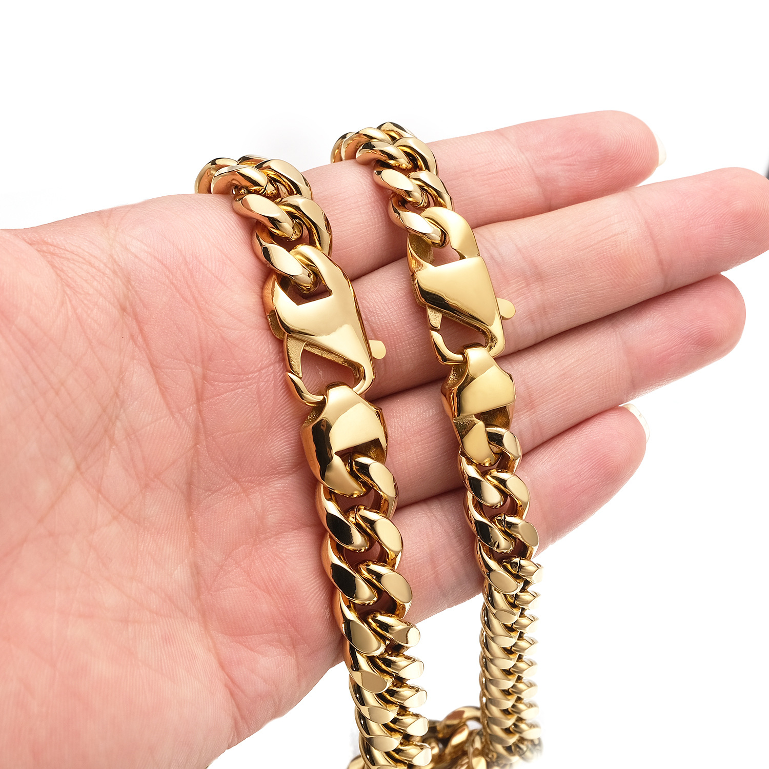 10mm-14mm Hip Hop Solid Stainless Steel Miami Cuban Chain Necklace 18K Real Gold Plated Mens Jewelry