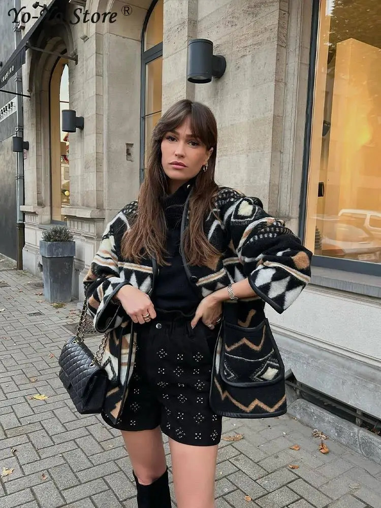 Women's Jackets Fashion Printed Loose Panelled Woolen Coat Women Long Sleeve Singel Breasted Pocket Lady Coats Geometric Retro Female Cardigan 23