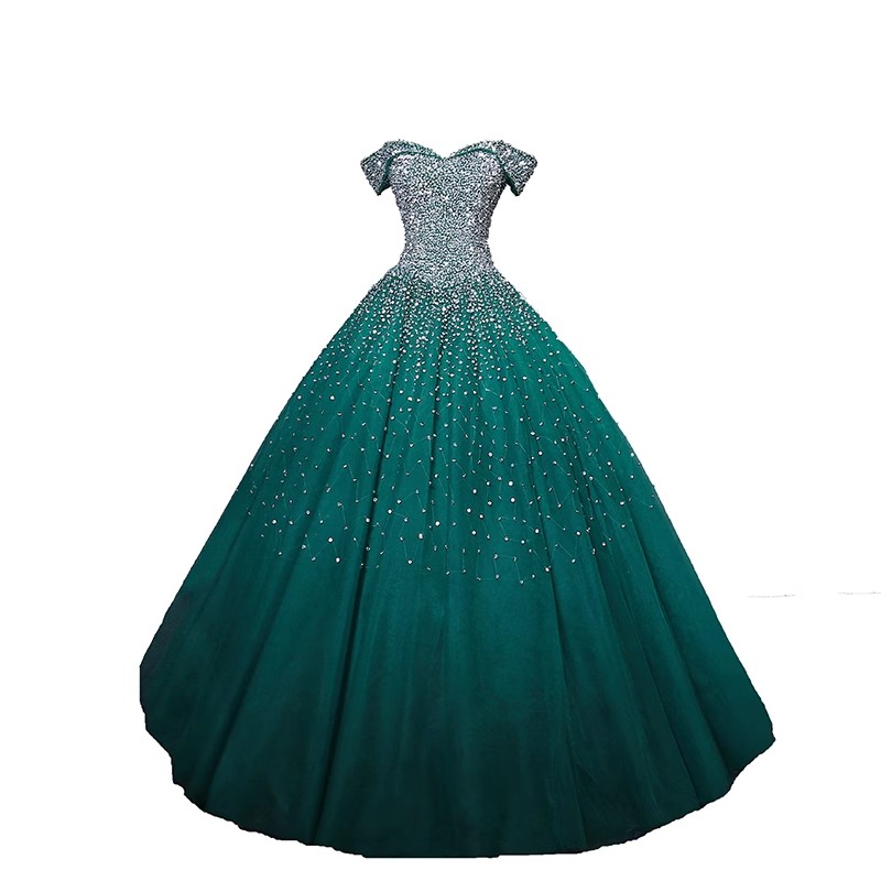 Hunter Prom Dresses Evening Dress Ball Gown Off Shoulder Sleeveless Shining Sequins Floor Length Runway Party Dresses Real Pictures