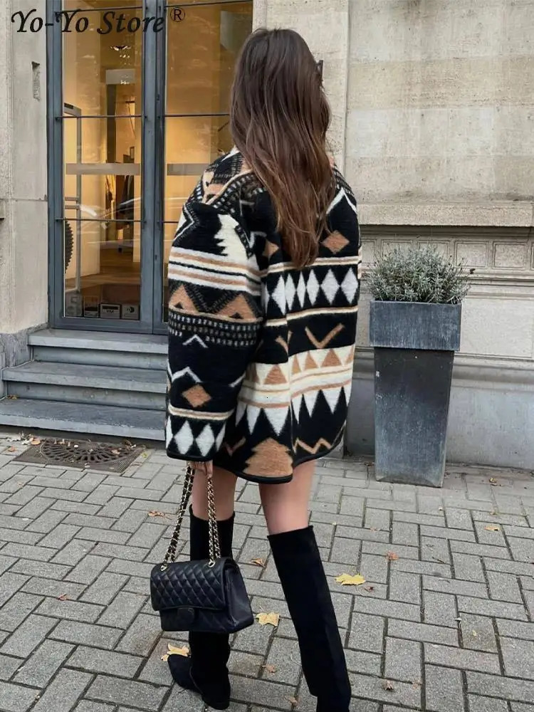 Women's Jackets Fashion Printed Loose Panelled Woolen Coat Women Long Sleeve Singel Breasted Pocket Lady Coats Geometric Retro Female Cardigan 23