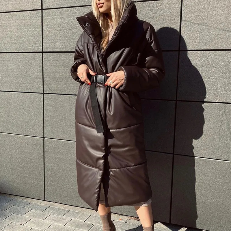 Women's Down Parkas Winter Warm Leather Parkas Women Fashion Straight Loose Pockets Coats Women Elegant Long Cotton Jackets Female Ladies 231011