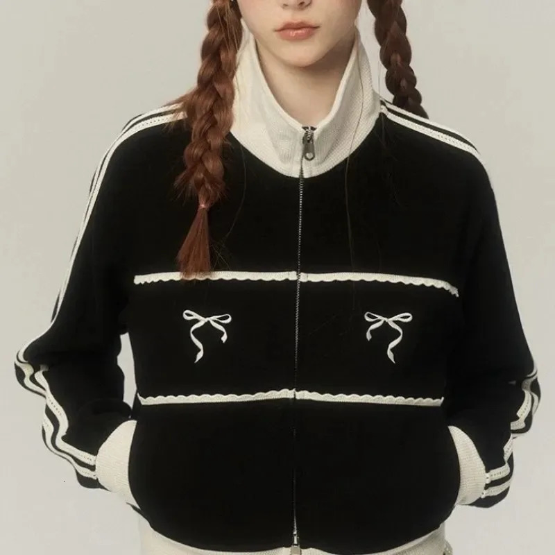 Women's Hoodies Sweatshirts Y2K Women Vintage Korean Fashion Streetwear Zip Up Crop Harajuku Bow Cropped Zipper Jackets Kpop Sweatshirt Clothes 2