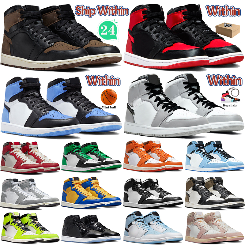 With Box 1 high 1s basketball shoes mens Palomino Satin Bred UNC Toe Washed Black pink university blue Lost and Found royal patent Dark Mocha womens sneakers trainers