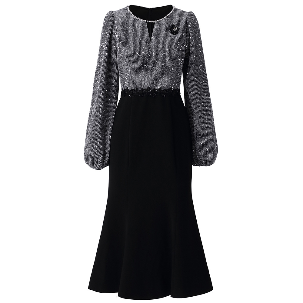 0C401N27 Autumn Women's Dress Light Luxury Mature Women's Style Sequin Patchwork Fake Two-piece Skirt Mid Length Customization