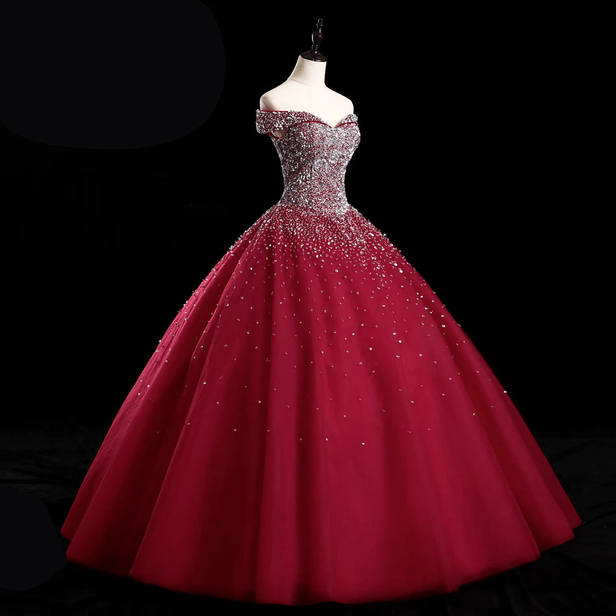 Dark Red Evening Dress Ball Gown Prom Gowns Off Shoulder Sleeveless Shining Sequins Floor Length Runway Party Dresses Real Pictures