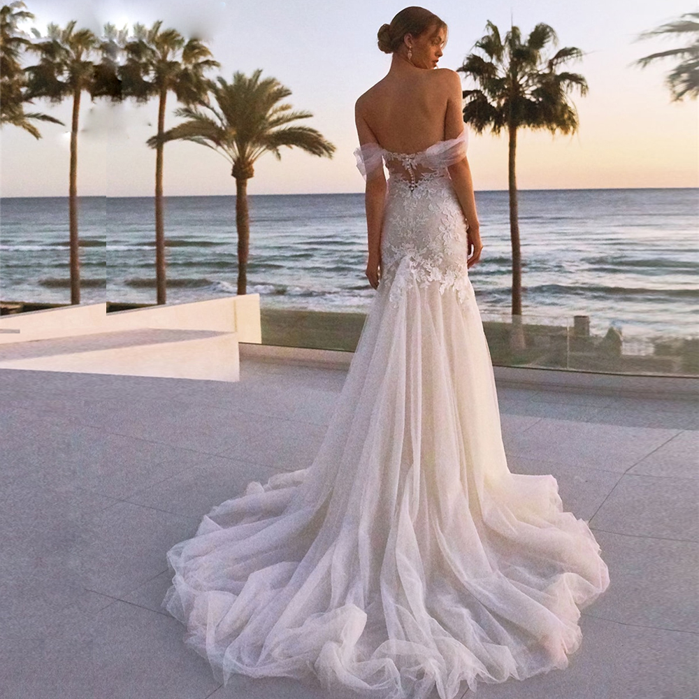 Beach Sweetheart Mermaid Wedding Dresses 2023 Lace Appliques Off the Shoulder Bridal Gown Sweep Train Vestidos De Novia