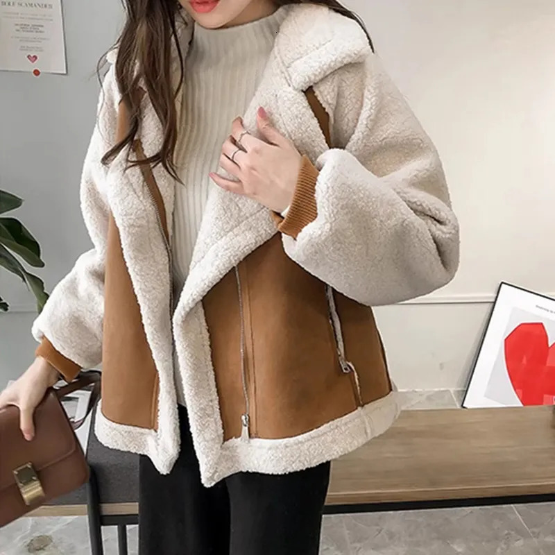 Women's Jackets WAYOFLOVE Winter Sheep Wool Coat Women Thick Warm Long Sleeve Zipper Pocket Jacket Fashion Leather Motorcycle Coats 231011