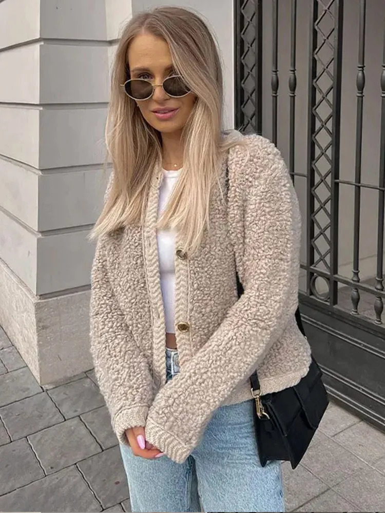 Women's Jackets Elegant Lamb Wool Spliced Coat Casual Oneck Button Long Sleeve Female Jacket 2023 Autumn Winter Office Lady Commute 231011